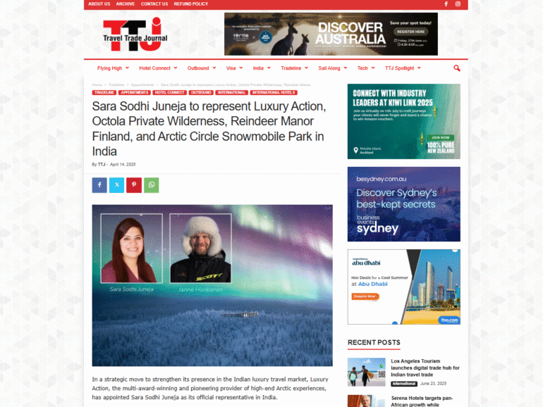 Sara Sodhi Juneja to represent Luxury Action, Octola Private Wilderness, Reindeer Manor Finland, and Arctic Circle Snowmobile Park in India